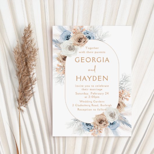 Bohemian Beige & Blauw Bloemen Lijst Bruiloft Kaart