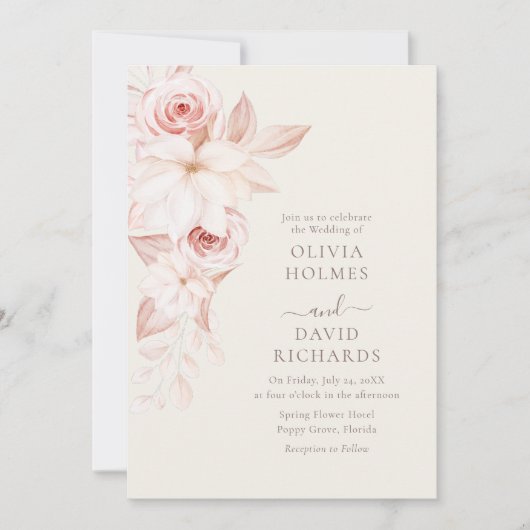 Bohemian Beige en roze rozen bruiloft uitnodiging (Voorkant)