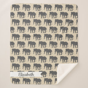 Bohemian Beige & Grey Elephants & Name in Script Sherpa Deken