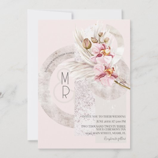 Bohemian Beige Pink Monogram Pampas Wedding Kaart (Voorkant)