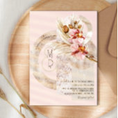 Bohemian Beige Pink Monogram Pampas Wedding Kaart
