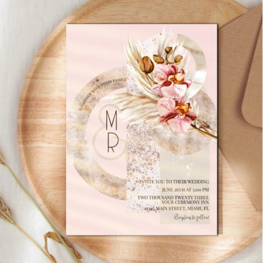 Bohemian Beige Pink Monogram Pampas Wedding Kaart