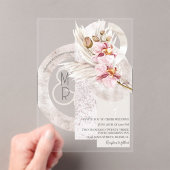 Bohemian Beige roze Monogram Pampas Wedding B Acryl Uitnodigingen (Insitu (Draagbaar))