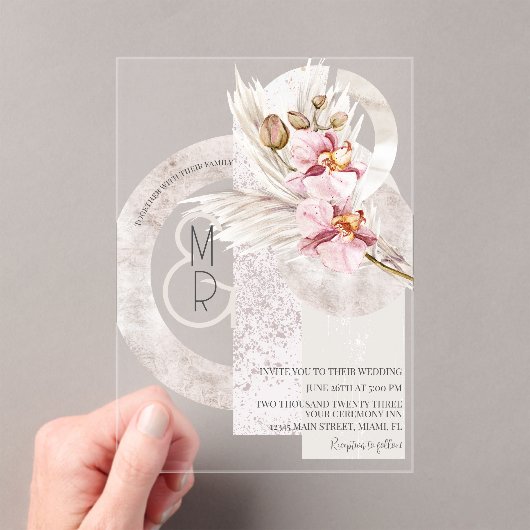 Bohemian Beige roze Monogram Pampas Wedding B Acryl Uitnodigingen (Insitu (Draagbaar))