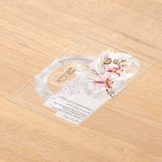 Bohemian Beige roze Monogram Pampas Wedding B Acryl Uitnodigingen (Laagn)