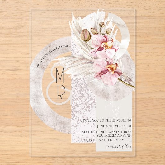 Bohemian Beige roze Monogram Pampas Wedding B Acryl Uitnodigingen (Voorkant)