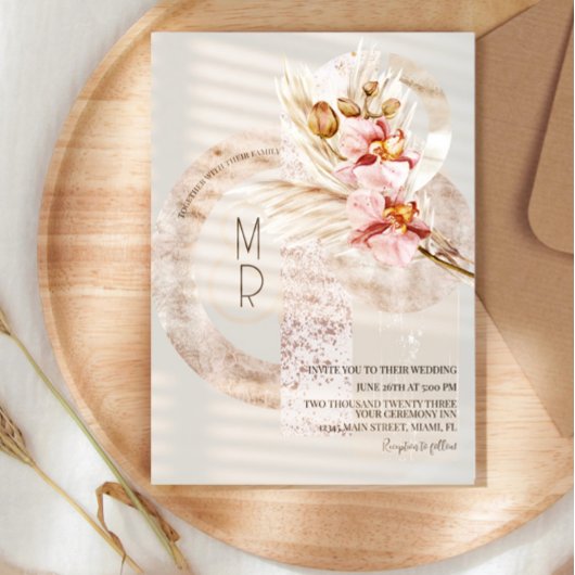 Bohemian Beige roze Monogram Pampas Wedding B Kaart