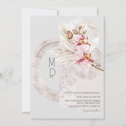 Bohemian Beige roze Monogram Pampas Wedding B Kaart (Voorkant)
