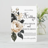 Bohemian Black en Gold Floral Photo Wedding Kaart (Staand voorkant)