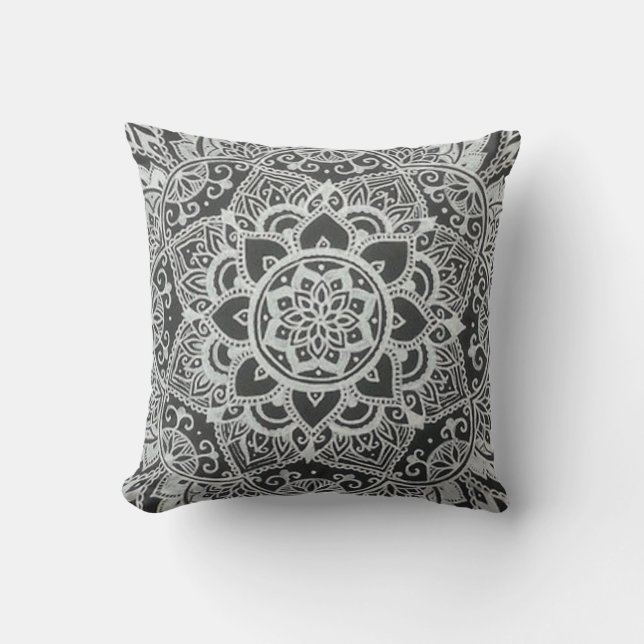 Bohemian Black en White Floral Abstract Kussen (Voorkant)