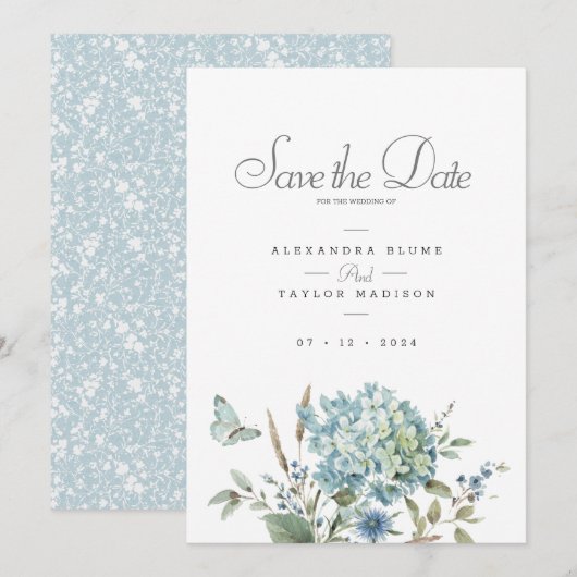 Bohemian Blauw Bloemen Waterverf Bruiloft Save The Date (Voorkant / Achterkant)