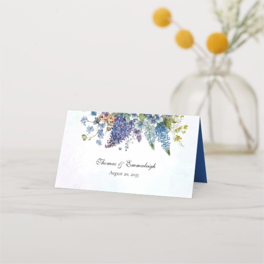 Bohemian Blauw-Violet Bloemen Bruiloft Plaatskaartje (Achterkant)