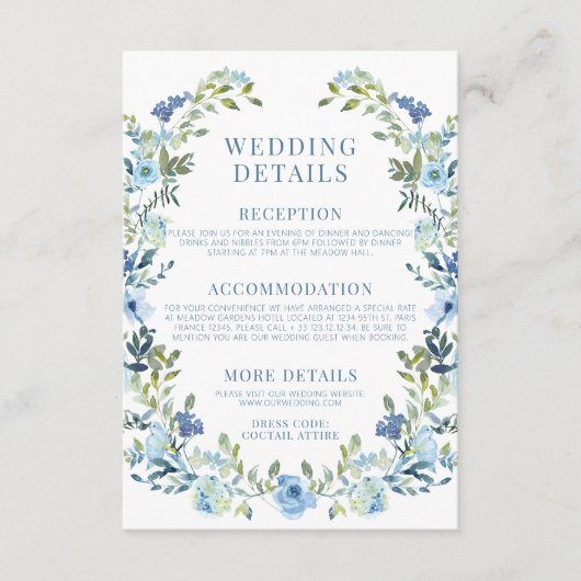 Bohemian blauwe bloemenkrans rustieke bruiloft det informatiekaartje (Voorkant)