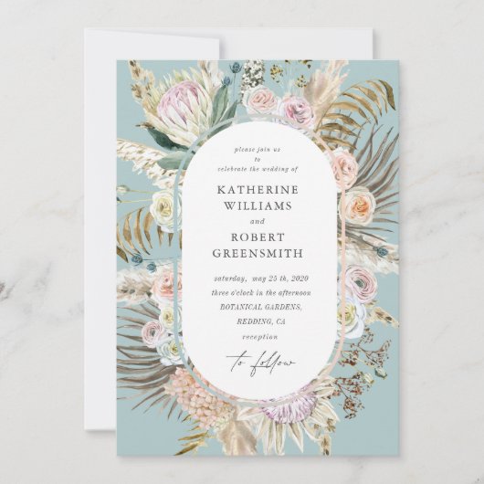 Bohemian Blauwgroen Elegant Bloemen Bruiloft Uitno Kaart (Voorkant)