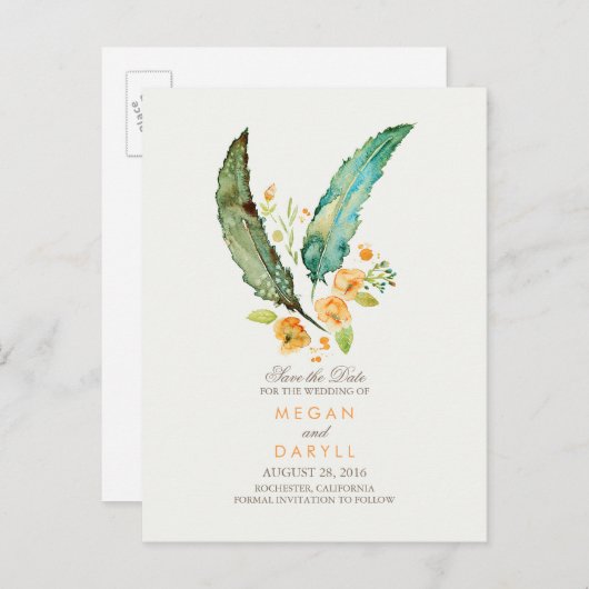 Bohemian Blauwgroen Feathers Rustic Save the Date Aankondigingskaart (Voorkant / Achterkant)