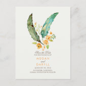 Bohemian Blauwgroen Feathers Rustic Save the Date Aankondigingskaart (Voorkant)