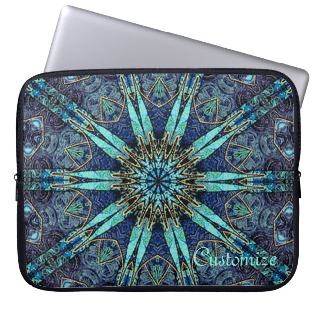 Bohemian Blauwgroen Floral Star Pattern-laptophoes Laptop Sleeve (Voorkant)