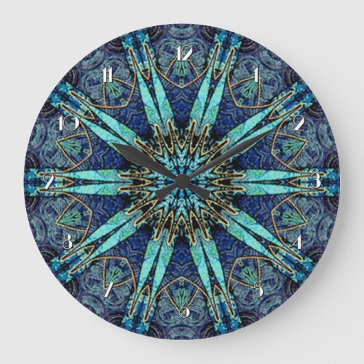 Bohemian Blauwgroen Floral Star Pattern Wall klok (Voorkant)
