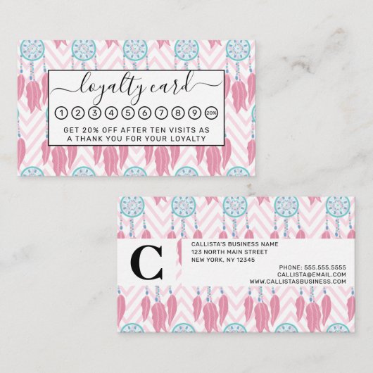 Bohemian Blauwgroen Roze Beaded Drocatcher Chevron Klantenkaartje (Voorkant / Achterkant)