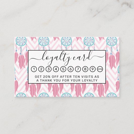 Bohemian Blauwgroen Roze Beaded Drocatcher Chevron Klantenkaartje (Voorkant)