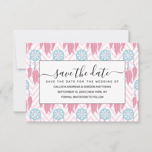 Bohemian Blauwgroen Roze Beaded Drocatcher Chevron Save The Date (Voorkant)