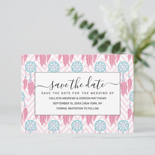Bohemian Blauwgroen Roze Beaded Drocatcher Chevron Save The Date (Staand voorkant)