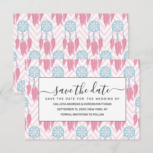 Bohemian Blauwgroen Roze Beaded Drocatcher Chevron Save The Date (Voorkant / Achterkant)