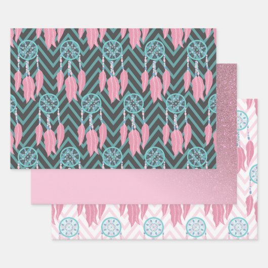 Bohemian Blauwgroen Roze Drocatcher Chevron Patter Inpakpapier Vel (Set)