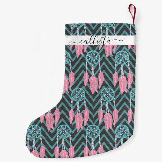 Bohemian Blauwgroen Roze Drocatcher Chevron Patter Kleine Kerstsok (Achterkant)