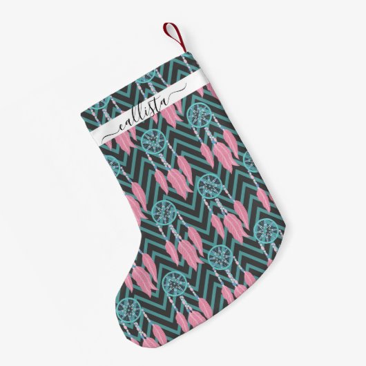 Bohemian Blauwgroen Roze Drocatcher Chevron Patter Kleine Kerstsok (Achterkant (Hangend))