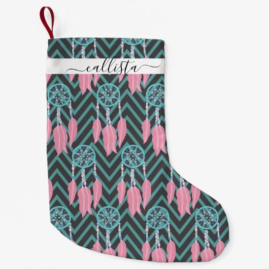 Bohemian Blauwgroen Roze Drocatcher Chevron Patter Kleine Kerstsok (Voorkant)