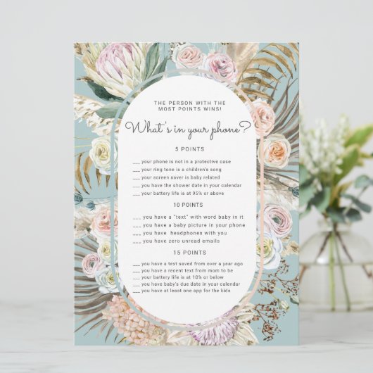 Bohemian Bloemen Baby shower Telefoon Spel Kaart (Staand voorkant)