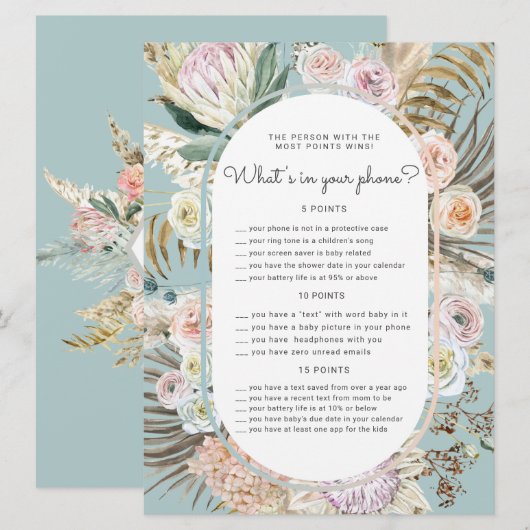 Bohemian Bloemen Baby shower Telefoon Spel Kaart (Voorkant / Achterkant)