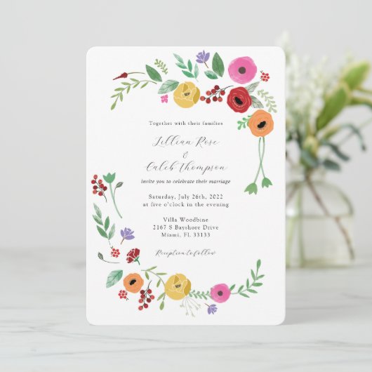 Bohemian Bloemen Heldere Kleur Bruiloft Uitnodigin Kaart (Staand voorkant)