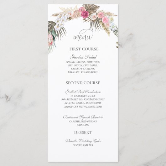Bohemian Bloemen Roos Waterverf Boho Bruiloft Menu (Voorkant)