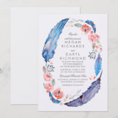 Bohemian Bloemen Veren Rustieke Bruiloft Kaart (Voorkant / Achterkant)