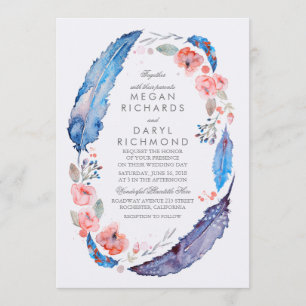 Bohemian Bloemen Veren Rustieke Bruiloft Kaart