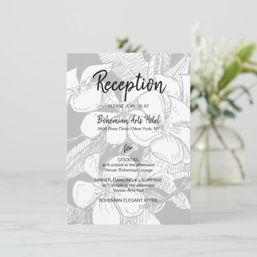 Bohemian Bloemen Zwart Wit Receptie Informatiekaartje (Staand voorkant)