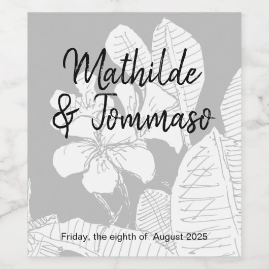 Bohemian Bloemen Zwart Wit Watermerk Wijn Etiket (Enkel label)