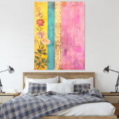 Bohemian Bloom – Wilde bloemen op gestreept doek Canvas Afdruk (Insitu (Slaapkamer))