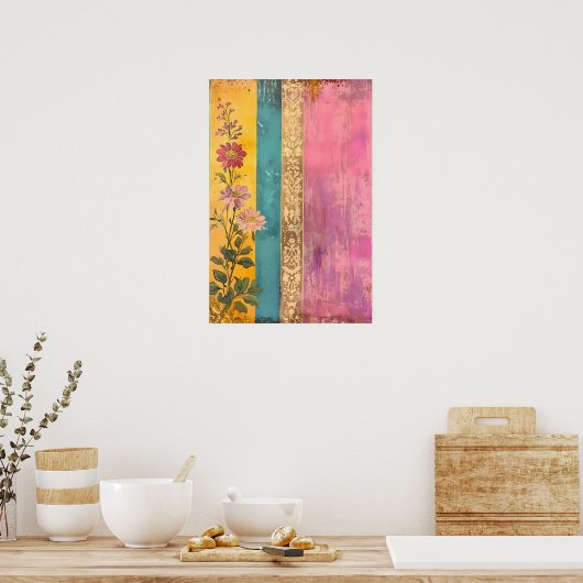 Bohemian Bloom – Wilde bloemen op gestreept doek Poster (Keuken)