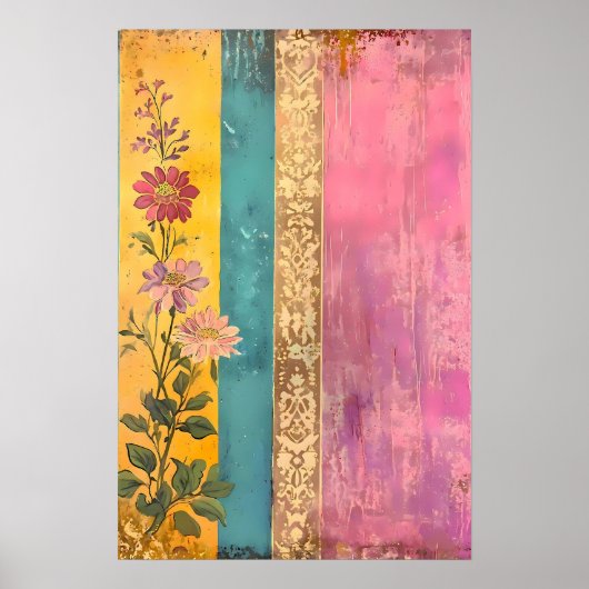Bohemian Bloom – Wilde bloemen op gestreept doek Poster (Voorkant)