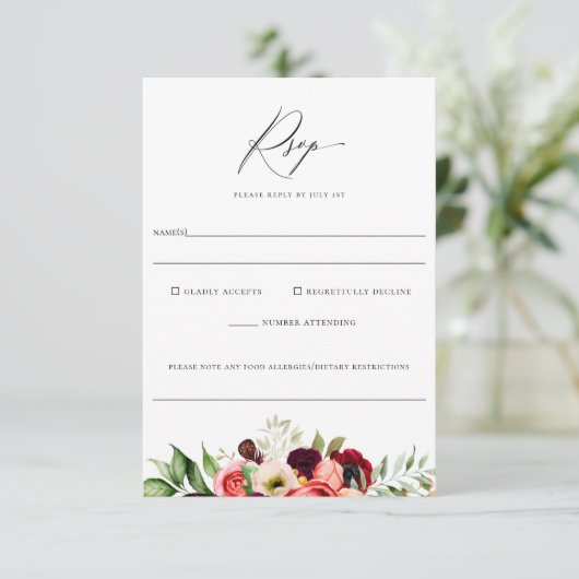 Bohemian Blooms Bloemen Bloemen Bruiloft Voedsel A RSVP Kaartje (Staand voorkant)