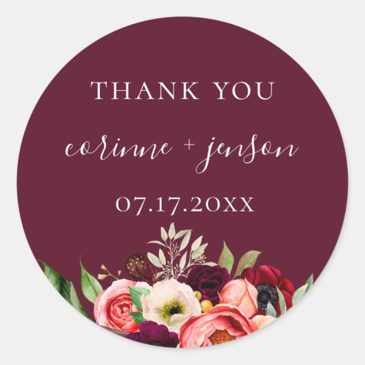 Bohemian Blooms Bourgondische bruiloft gunst Ronde Sticker (Voorkant)