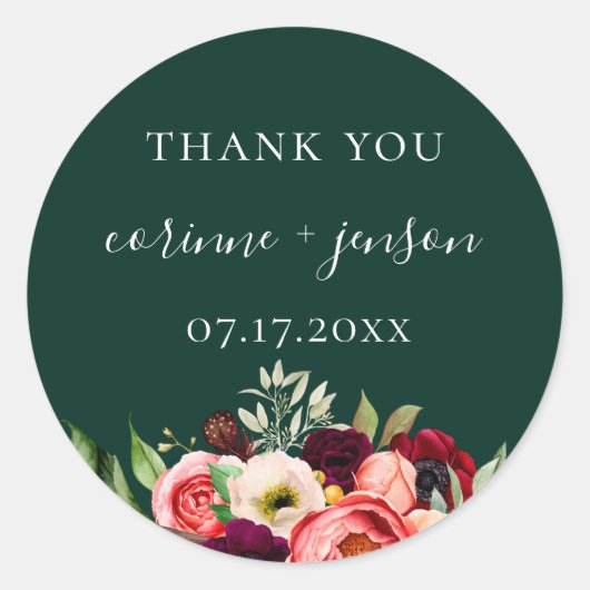 Bohemian Blooms Emerald bruiloft gunst Ronde Sticker (Voorkant)