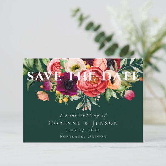 Bohemian Blooms Emerald Save the Date Aankondiging (Staand voorkant)
