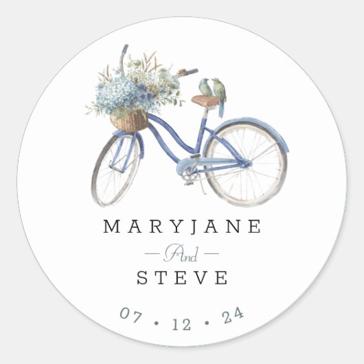 Bohemian Blue Bicycle Waterverf Bruiloft Ronde Sticker (Voorkant)