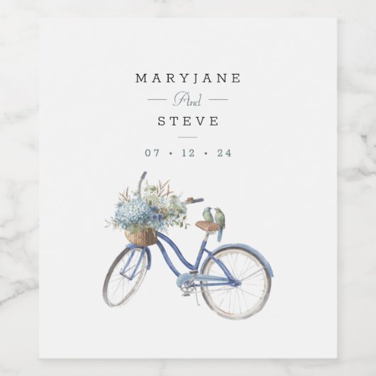 Bohemian Blue Bicycle Waterverf Bruiloft Wijn Labe Wijn Etiket (Enkel label)