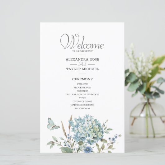 Bohemian Blue Botanical Waterverf Wedding Programm (Staand voorkant)