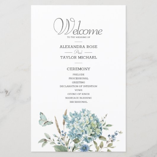 Bohemian Blue Botanical Waterverf Wedding Programm (Voorkant)